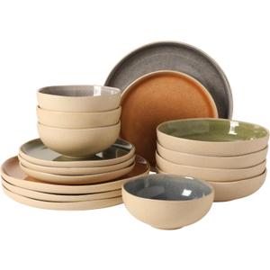 Gibson Elite Manila Bay 16-Piece Stoneware Dinnerware Set, Service for 4, Reactive Glaze Modern Artisan Plates, Bowls & Mugs, Assorted Colors, Round Design