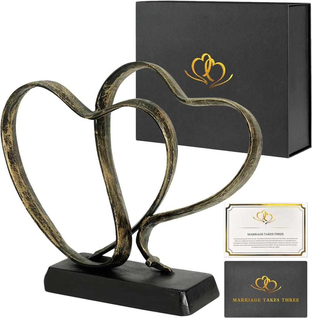 Anniversary Wedding Gifts for Couple - Two Hearts and Cross Iron Sculpture, 1st to 50th for Her and Him,Decorative Hearts Statue Includes Present Box and Poem Card