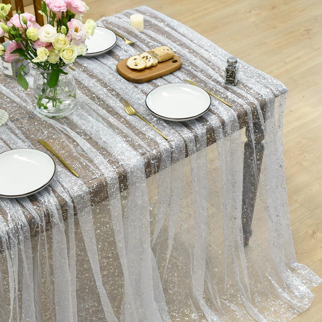 Horaldaily White Silver Gauze Tablecloth 60x104 Inch Rectangular, Silver Sequin Glitter Metallic Foil, Sheer Tulle Cheesecloth for Wedding Baby Shower Ceremony Birthday