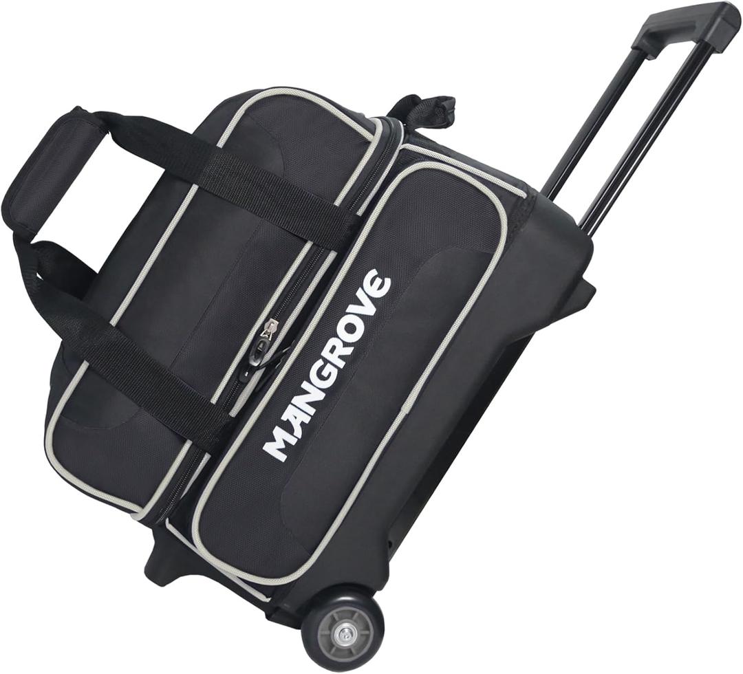Mangrove 2 Ball Bowling Bag with Wheels, Double Bowling Bags 2 Ball Roller w/Separate Compartment for Bowling Shoes (Up To US Mens Size 15), Accessory Pocket & Retractable Handle Extends To 40" (Black)