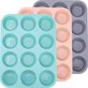 3 Pack 12 Cups Silicone Muffin Pan,Nonstick Regular Silicone Cupcake Pan, For Making Muffin Cakes, Tart and Bread, Gray; Orange; Peacock Blue