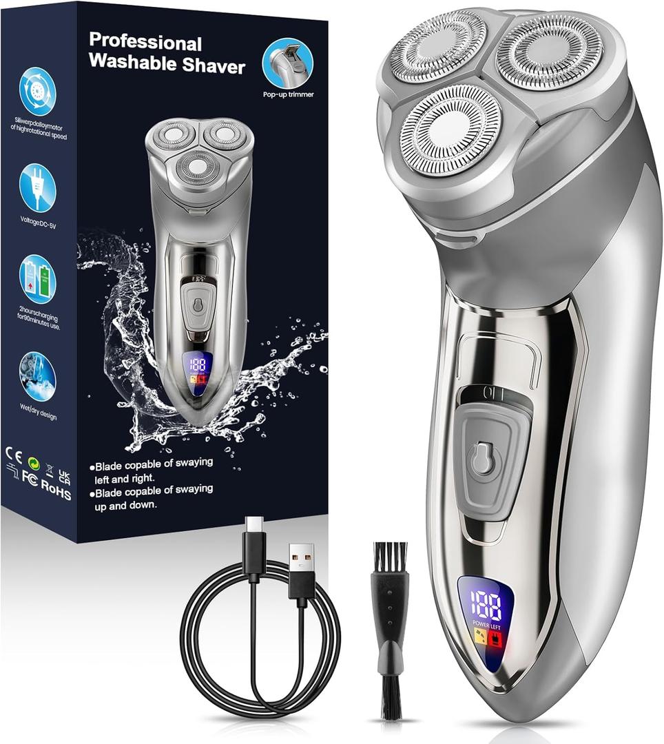 Sakioo Electric Razor for Men, Rechargeable LED Display, Wet/Dry Waterproof, Cordless with Pop Up Trimmer, Silver