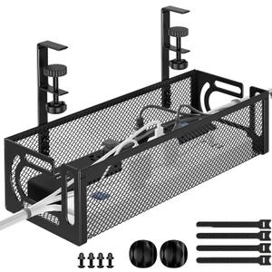 Under Desk Cable Management Tray, 15.7'' No Drill Steel Desk Cable Organizers, Wire Management Tray Cable Management Rack (1 Pack-Black)