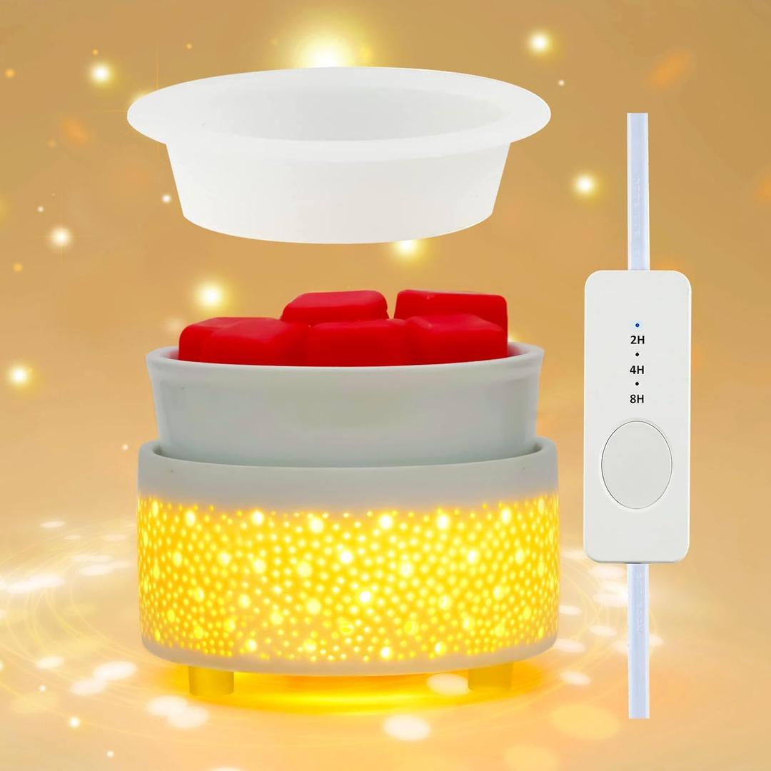 Wax Melt Warmer with Timer Silicone Dish Ceramic 3-in-1 Wax Burner Electric Candle Wax Warmer Melter Home Fragrance for Scented Waxs and Auto Shut Off Home Aromatherapy - White