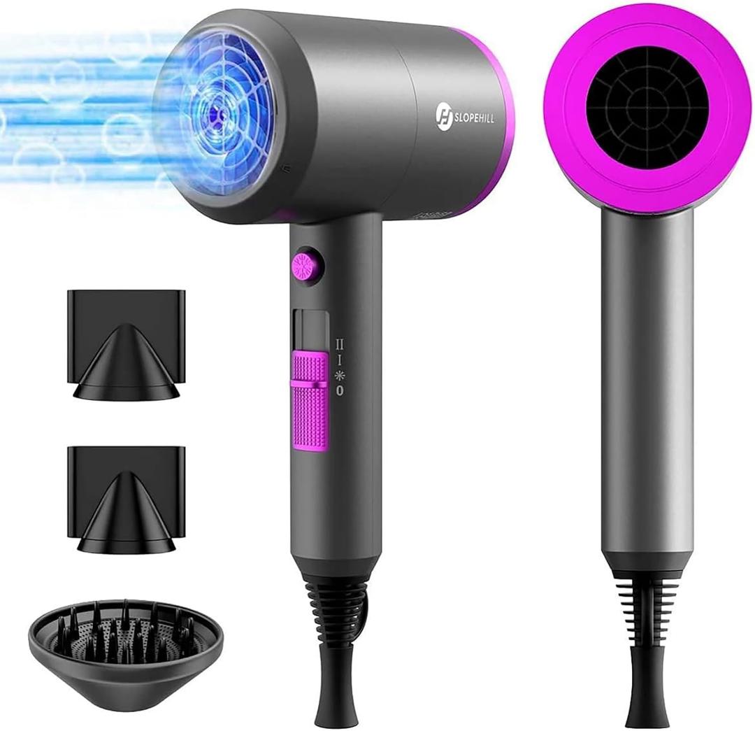 slopehill Professional Ionic Hair Dryer, Powerful 1800W Fast Drying Low Noise Blow Dryer with 2 Concentrator Nozzle 1 Diffuser Attachments for Home Salon Travel (Grey)