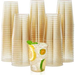JOLLY CHEF 200 Pack 10 oz Gold Glitter Plastic Party Cups, Disposable Plastic Tumblers, Gold Drinking Glasses with Glitter Suitable for Wedding, Thanksgiving Day, Christmas Halloween