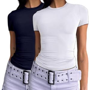 Dwnval Womens 2 Piece Sexy Casual Short Sleeve Crewneck Shirts Summer Slim Fit Cute Crop Tops (S)