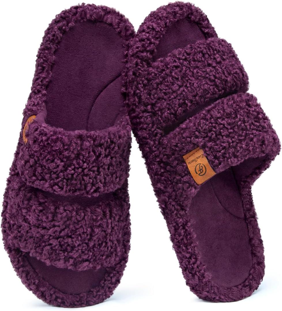EverFoams Womens Fuzzy Open-toe Slippers Soft Comfy Memory Foam Indoor House Shoes (7-8, Plum Violet)