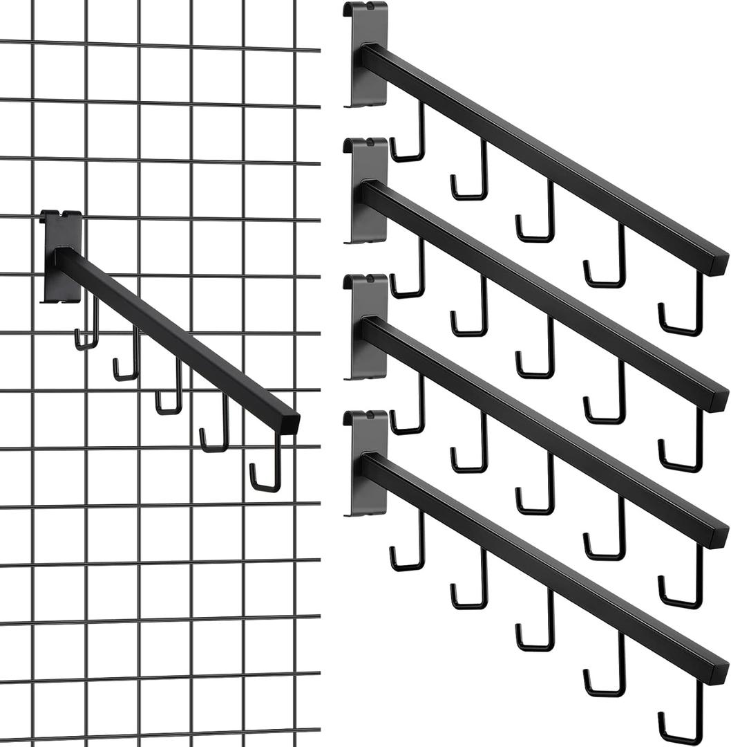 Therwen 4 Pcs Gridwall Accessories Metal 5 Hooks Waterfall Hangers 16.5 Inch Square Tubing Straight Arm Gridwall Waterfall Hooks Hangers for Home Shop Retail Clothing Display(Black)