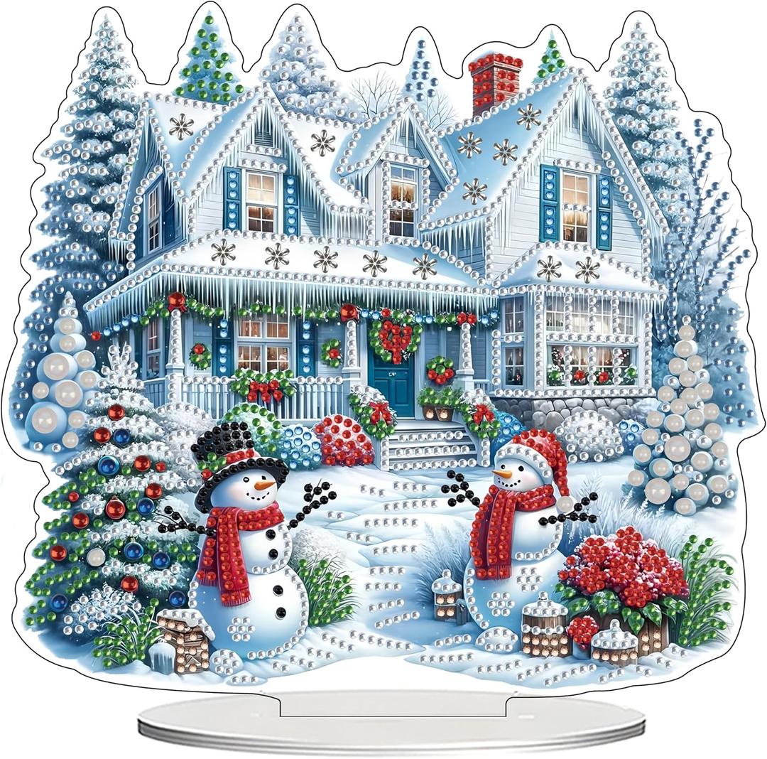 JJFox DIY Tabletop Diamond Art Painting KitDesktop Ornament Special Shaped Rhinestone Desk Placement OrnamentHome Stand Up Gem Painting Craft Kit Gift Double Sided (Christmas House)