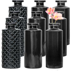 Brajttt Glass Bud Vase Set in Bulk, 9pcs Mini Vintage Flower Vases for Wedding,Black Relief Vase for Centerpieces,Home Table Flower Decor, Party Decorations