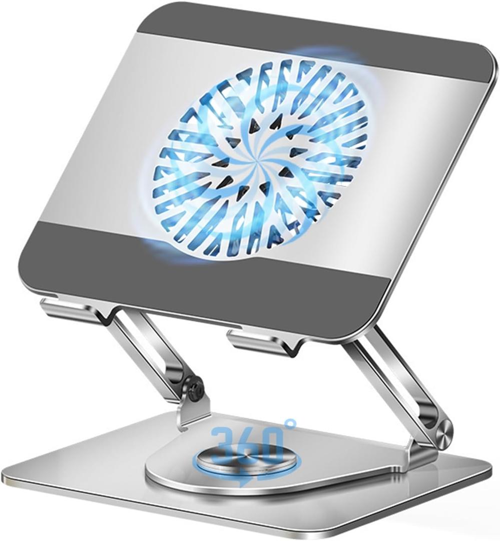 360 Rotating Adjustable Laptop Stand with Cooling Fan, Foldable Dual-Bar Support Height Tilt Angle Cooling Laptop Stand for Desk Pad Laptop Riser Heat Dissipation Stand Fit 10-17.3" Device