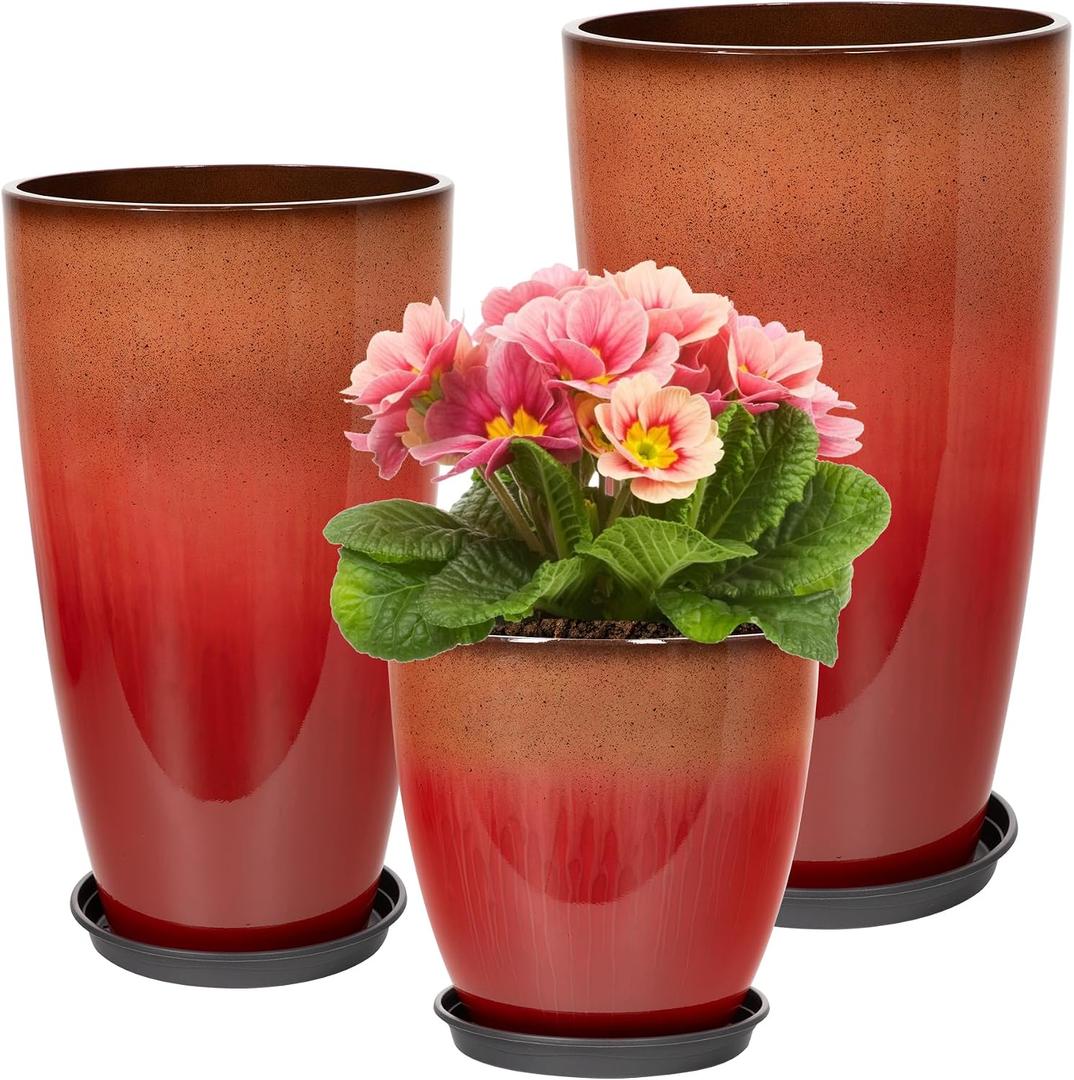 Neoaider Set of 3 Tall Planter, 24/21/12in Large Plastic Planter, Firey Red