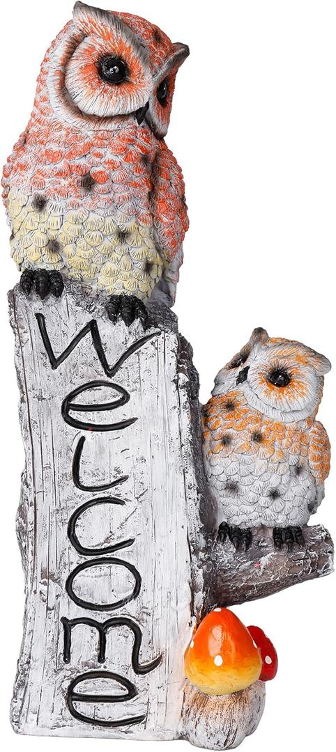 Lily's Home Owl Garden Statue with Welcome Sign - Fake Owl Decoy Bird Scarecrow Sculpture for Outdoor Protection