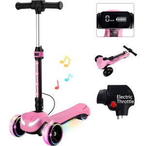 24V Electric Scooter for Kids w/150W Powerful Motor, Thumb Throttle, LCD Screen, Bluetooth, Light-Up Stem Deck & Wheels, 3 Adjustable Heights, 5MPH Safe Speed, 3 Wheel Electric Scooter for Kids (Pink)