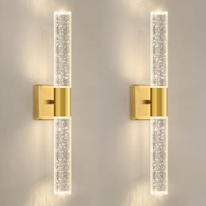 Brushed Gold LED Wall Sconces Set of 2 with LED Warm Light Interior Glam Crystal Wall Light, Hardwired