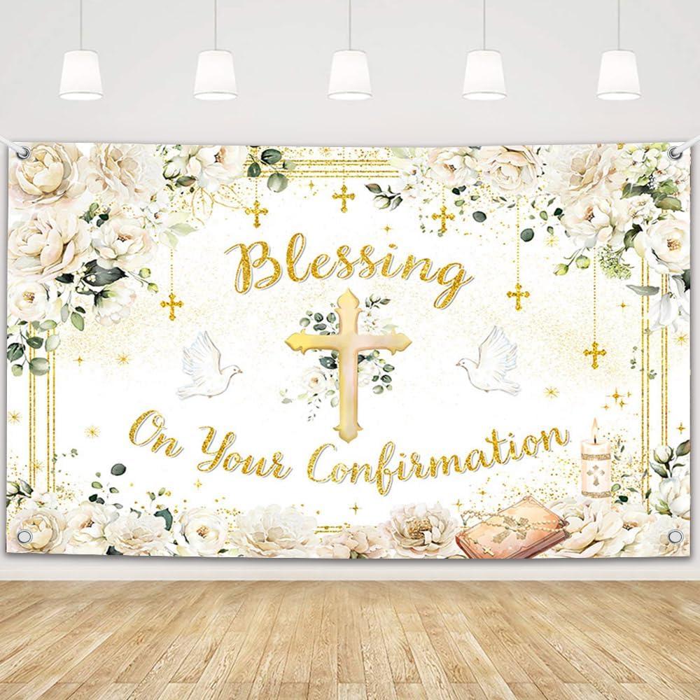 MEHOFOND Blessing On Your Confirmation Backdrop, White Floral Confirmation Decorations Banner with Gold Cross Dove, First Holy Communion Christening Party Photo Booth 6x3.6ft