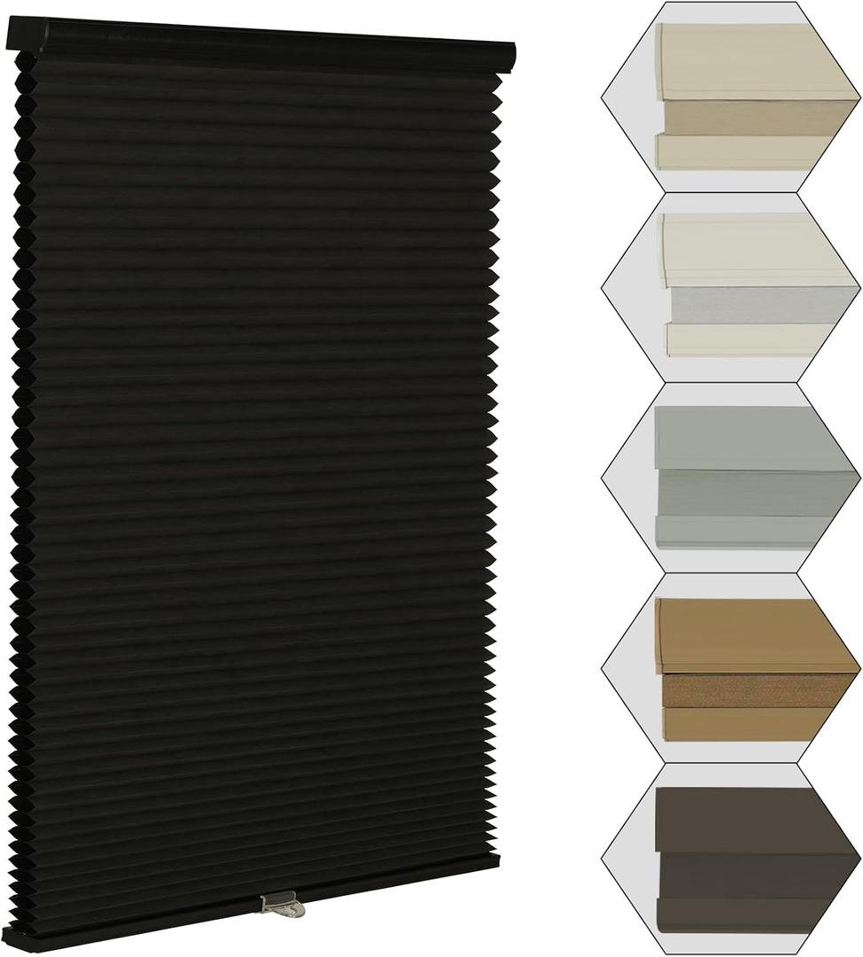 MYshade Cordless Blackout Window Blinds & Shades Pull Down Room Darkening Window Shades Light Blocking Honeycomb Cellular Shade for Indoor Windows Easy to Install 28 inch Wide, H64 Black Blinds