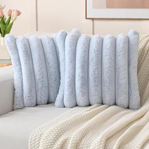 FUTEI Light Blue Decorative Throw Pillow Covers 18x18 Inch Set of 2, Square Soft Faux Rabbit Fur Big Striped Cushion Cover, Home Decor for Couch Sofa Bed Living Room