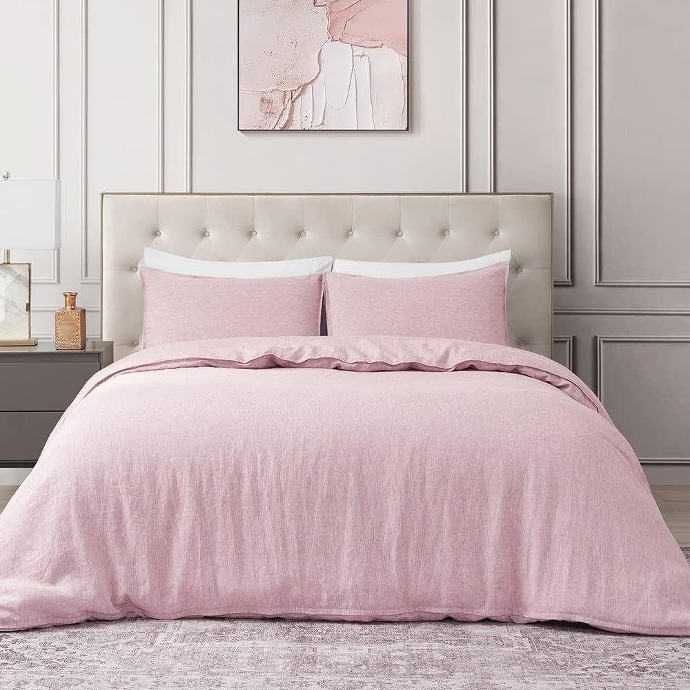 DAPU Pure Linen Duvet Cover Set, 100% Yarn-Dyed French Linen, Breathable and Durable for Hot Sleepers, 1 Duvet Cover and 2 Pillowcases (Smokey Pink, King)