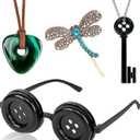 4 Pcs Accessories Fit for Cosplay Costume, Button Eyes Glasses, Key Necklace, Hair Clip, Green Stone Set Halloween Merchandise, Christmas Birthday Gift for Women Men and Fans