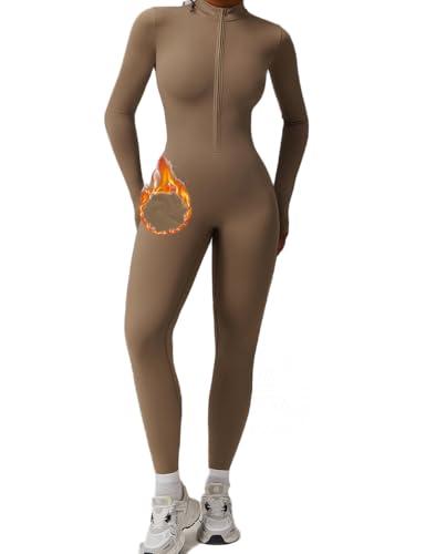 AEEZO Womens Fleece Lined Workout Jumpsuits Zip Up Thermal Yoga Rompers Sexy One Piece Bodycon Pants, M