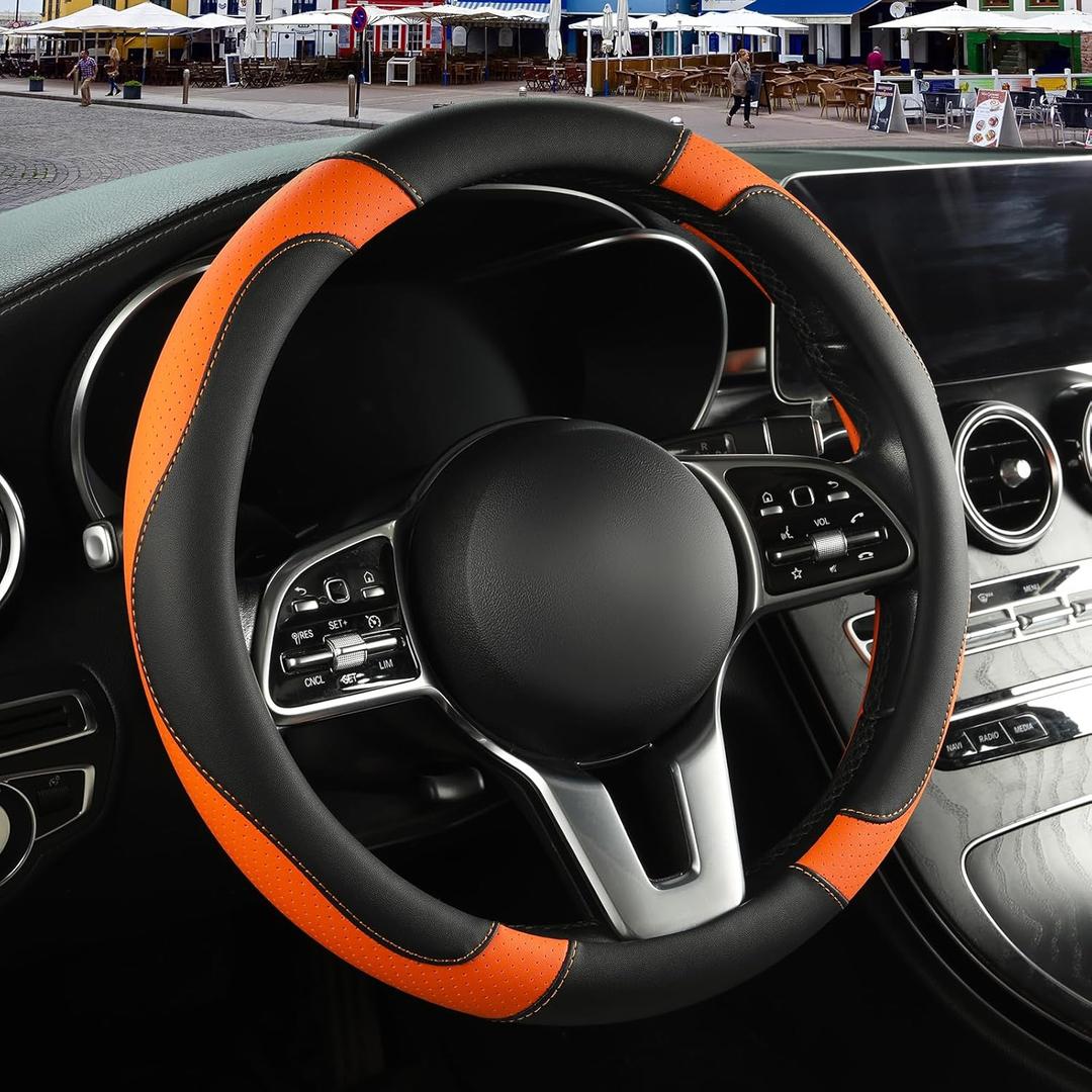 Microfiber Leather Steering Wheel Cover, Breathable, Anti Slip, 13.5 inch to 14 inch, Black with Orange