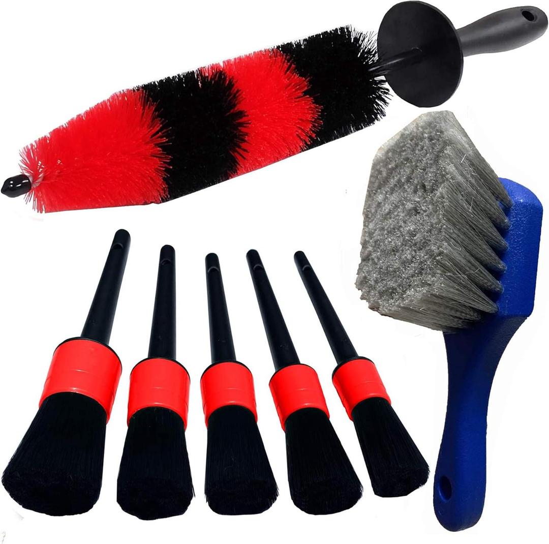 7Pcs Wheel & Tire Brush, car Detailing kit, 17inch Long Soft Wheel Brush 5 car wash Detail Brush car wash kit for Cleans Dirty Tires & Releases Dirt and Road Grime, Short Handle (Red)