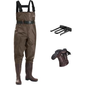 FISHINGSIR Fishing Waders for Men, 2-Ply Nylon/PVC Waterproof Women Chest Wader with Boots, Bootfoot Hunting Waders (M07/W09, Brown)