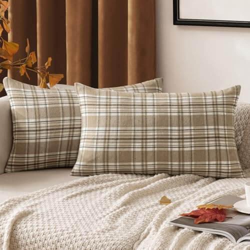 MIULEE Fall Set Of 2 Scottish Tartan Plaid Throw Pillow Covers Farmhouse Classic Decorative Square Cushion Cases For Decor Sofa Couch 16x16 Inch, Khaki And White