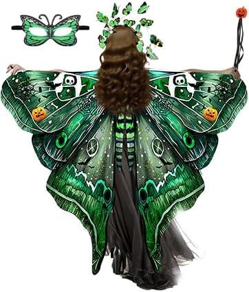 Halloween Green Butterfly Wings Costume for Womens, Butterfly Cape Set 4 PCS with Cloak, Mask, Headdress, Handheld, Halloween Fairy Wings Adult Women, Adult Fairy Wings