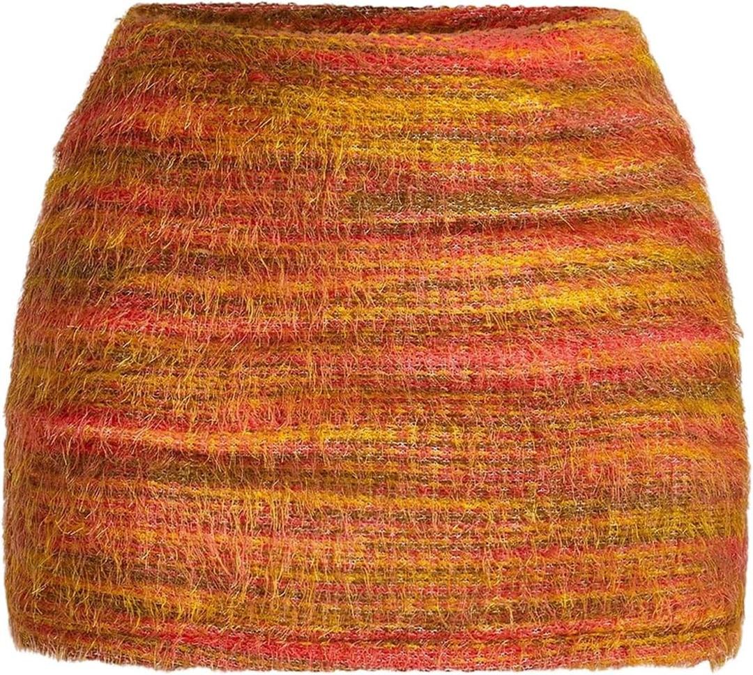 MakeMeChic Women's Fur Skirts Brown Fuzzy Micro Mini Pencil Skirt Y2K Summer Going Out Outfits (L)