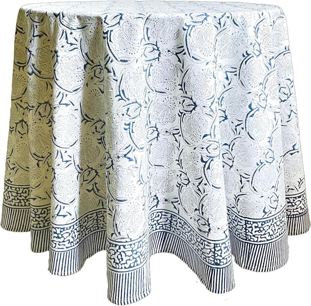 ATOSII Santorini 100% Cotton Round Boho Fall Tablecloth, Handblock Floral Table Cloth Linen for Kitchen Dining I Parties Wedding Outdoors Christmas Thanksgiving I 90" Inches Round I 6 Seater
