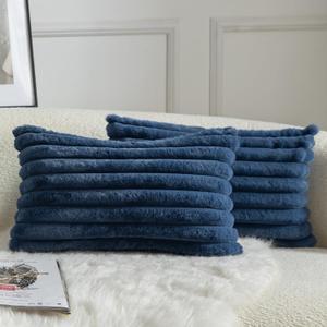 MANDIOO Pack of 2 Decorative Throw Pillow Covers Faux Fur Striped Plush Soft Cushion Covers Pillow Cases Bedroom Living Room Sofa Home 12x20 Inch Blue