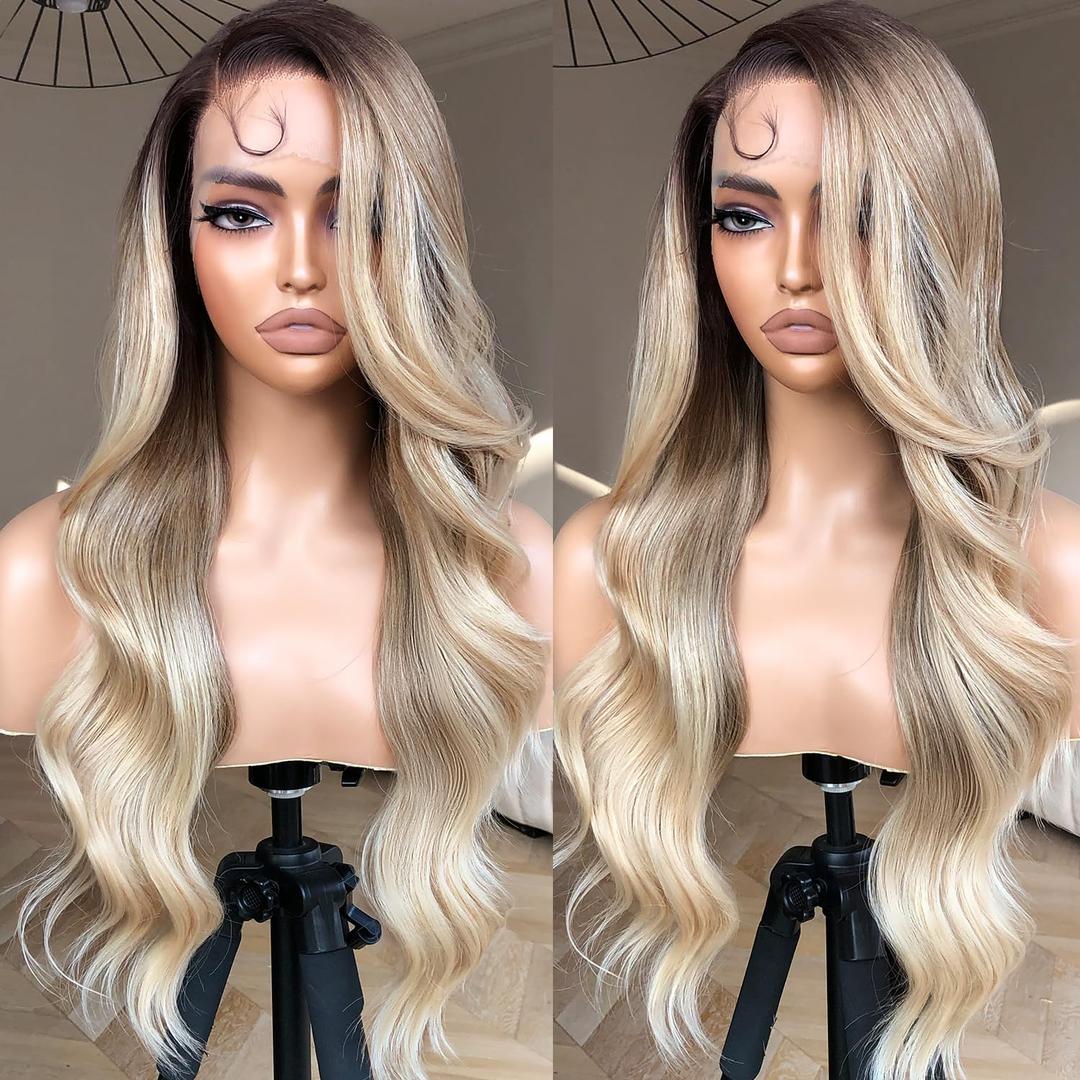 Body Wave Lace Front Wig, Synthetic Lace Front Wig Pre Plucked Glueless Wigs 13X5X1 HD Lace Front Wigs for Women 24inch Side Part Wig (Rooted OmbreBlond, 24)