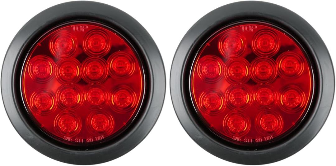 2Pcs 4 inchRed Round LED tail trailer light 12 LEDs IP67 Waterproof Stop Brake Turn Signal Reverse marker Tail Light Surface Mount, Light for boat trailer (4"Round Red)