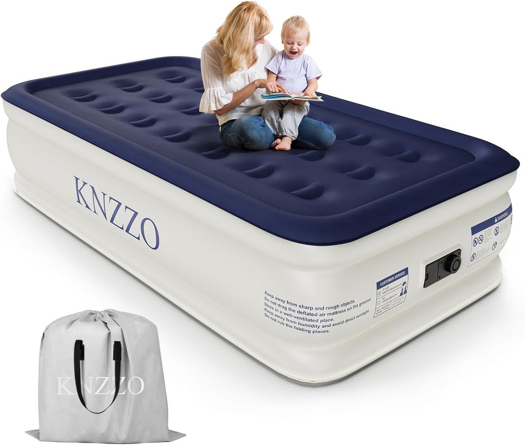 Air Mattress Twin with Built-in Pump, Blow Up Mattress with Soft Flocked Top, Leakproof Inflatable Mattress, Foldable Waterproof Air Bed for Home, Guests, Camping, with Storage Bag (Deep Blue)