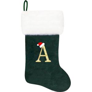 20 Inches Super Soft Plush Monogram Christmas Stockings Xmas Rustic Personalized Stocking Embroidered Letter Decoration for Decor (Green)