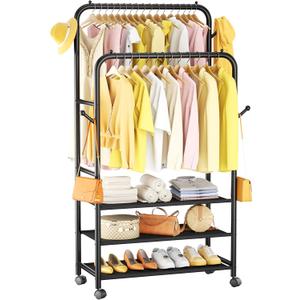 Furologee Clothes Racks for Hanging Clothes, Portable Rolling Garment Rack, Sturdy Metal Freestanding Cloths Rackswith Wheels, Double Rods Wardrobe Racks for Bedroom Laundry Living Room (3-Tier Shelf)
