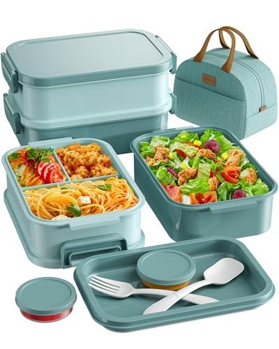 KEMETHY Adults Bento Lunch Box Set with Thermo Bag, 74oz Stackable Leak-proof 3-tiers Bento Box, Built-in Utensil and Sauce Container for Work, School, Dining Out (Green)
