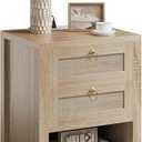Rattan Night Stand with Drawers - Boho Nightstand with Charging Station, Bedside Table with Storage Shelf, Accent Side Table End Tables Living Room, Wood Nightstands for Bedroom, Light Wood