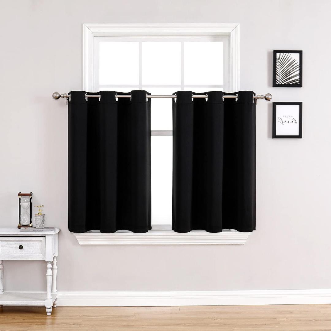 ChrisDowa Small Window Curtains for Kitchen and Bedroom - Grommet Short Thermal Insulated Room Darkening Curtains (2 Panels, Black, 36 x 24 Inch)