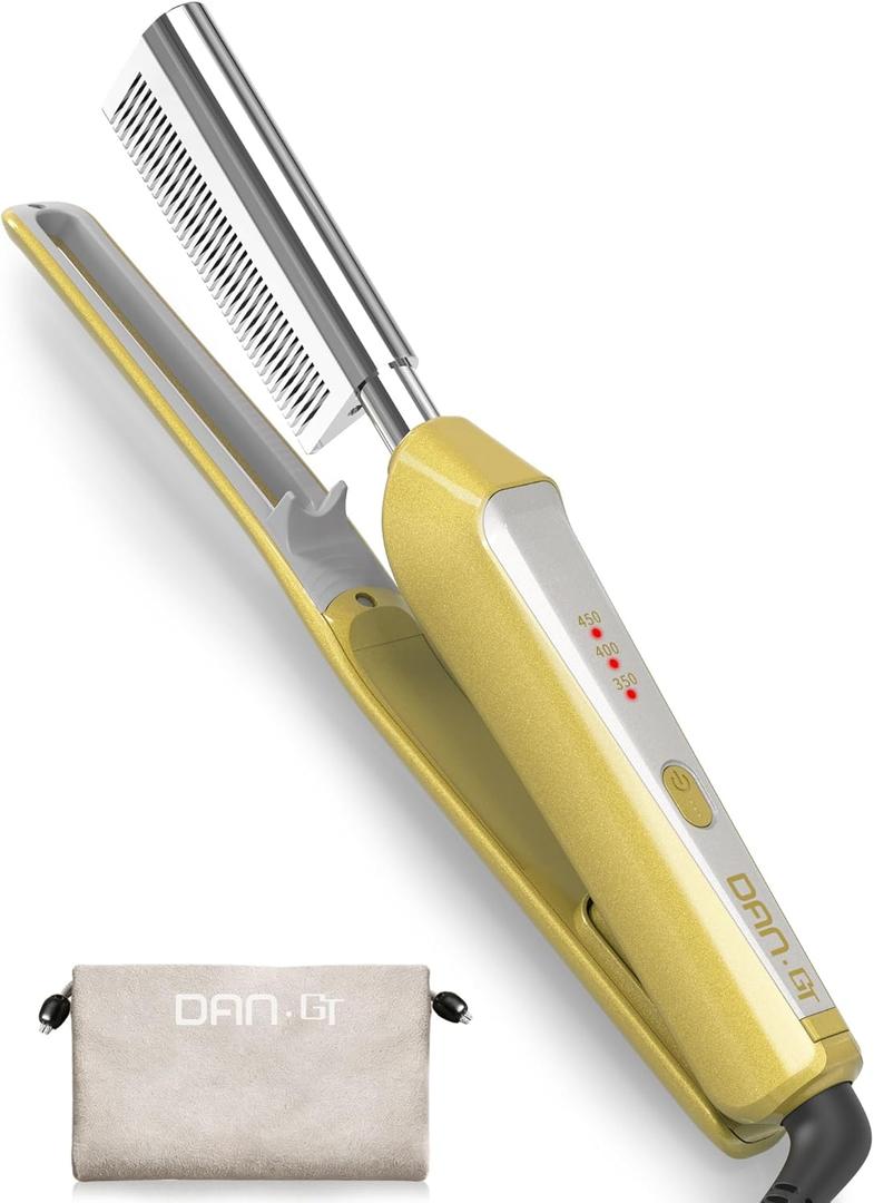 V-Shaped Titanium Hot Comb for Wigs & Natural Black Hair, Dual Voltage 100240V Pressing Comb with 3 Heat Settings (356428F), PTC Fast Heat, Auto-Off, Storage Pouch 1.0