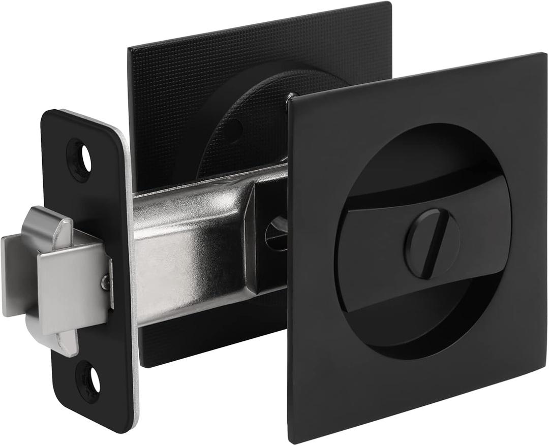 goldenwarm Matte Black Square Pocket Door Lock, Pocket Door Hardware for 2-1/8'' Round Bore Hole, Pocket Door Handles Fit 1-1/4'' to 2'' Thickness Sliding Door 2-3/8'' Latch 1 Pack