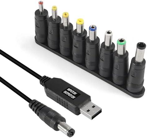 AITRIP USB to DC Power Cable 5V to 12V Boost Converter 8 Interchangeable Plug Connectors Adapters for Router, Mini Fan and Speaker（8-in-1）