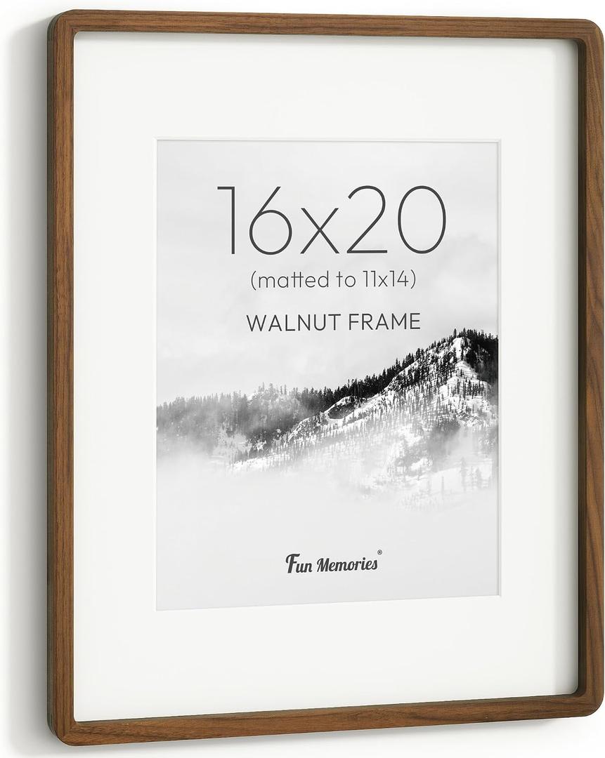 Fun Memories 16x20 Picture Frame, Solid Walnut Wood 16 x 20 Frame with Real Glass, Hard Wood 16 by 20 Photo Frame for Wall & Tabletop Display, 16x20 Picture Frame Matted to 11x14, Natural Walnut Color