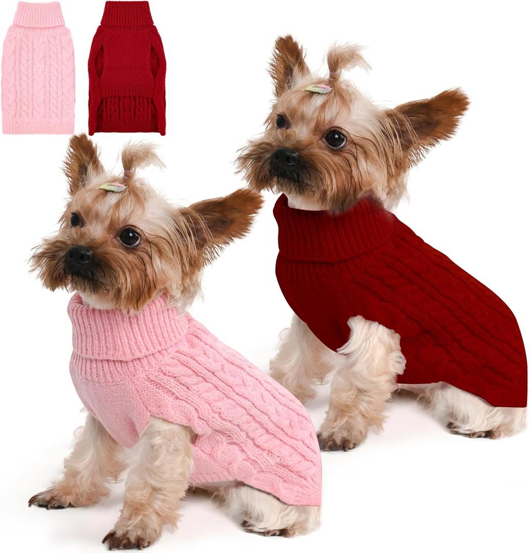 2 Pack Dog Sweaters for Small Dogs Winter Turtleneck Pullover Cable Knit Fleece Stretch Puppy Doggie Chihuahua Toy Poodle Yorkie Pomeranian Boy Girl Pet Clothes (Small, Pink & Red)