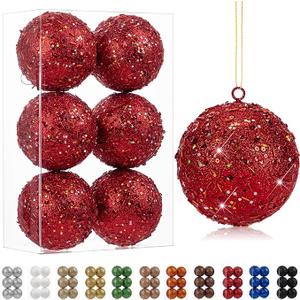 6 Pcs 4 Inch Christmas Tree Tinsel Ornaments for Tree Glitter Sequin Hanging Ornaments Christmas Tinsel Balls Decorations Shatterproof for Xmas Party Holiday Decor Red