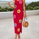 ZESICA Women's Summer Knit Bodycon Midi Dress 2026 Sleeveless Floral Crewneck Color Block Long Beach Party Dresses (Red, XL)