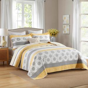 Homzard King Size Comforter Set,Floral King Size Quilt Set,Yellow Gray White All Cotton Quilted Bedspread,Striped Flower Pattern Bedding Set,Lightweight Paisley 3 Piece,All Seasons